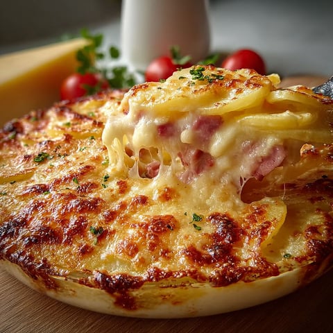 Une pâte de pommes de terre et de jambon, avec une croûte triple de fromage, est servie sur un plateau.