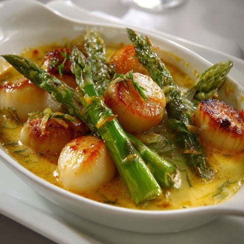 Une cassolette de coquilles Saint-Jacques aux asperges est servie sur un plateau.