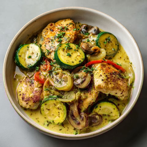 Une cassolette de courgettes, champignons et escalope est servie dans un bol sur une table.
