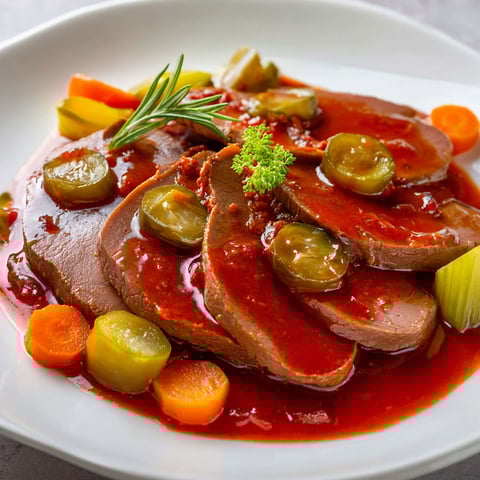 Langue de boeuf sauce piquante à l'ancienne, une recette traditionnelle qui combine des carottes, des oignons, des épinards et des herbes pour créer une sauce piquante et savoureuse.