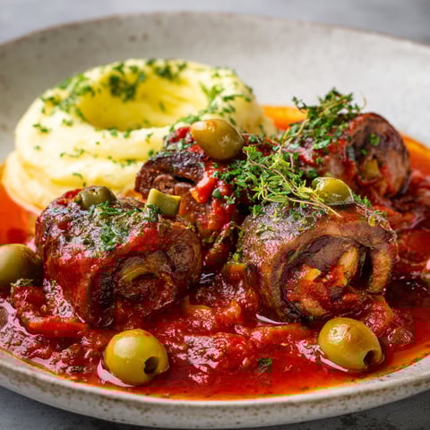 Une assiette de viande de boeuf marinée à la sauce tomate et ail des ours.