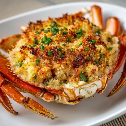 Une recette de crabe farci est servie sur un plateau.