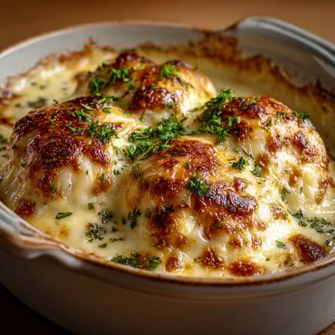 Une casserole de Quenelles de Volaille Gratinées au Comté est servie sur une table.