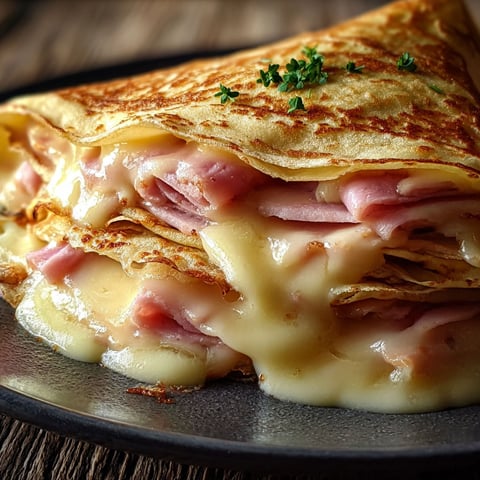 Une crêpe garnie de jambon et fromage fondu est servie sur un plateau.