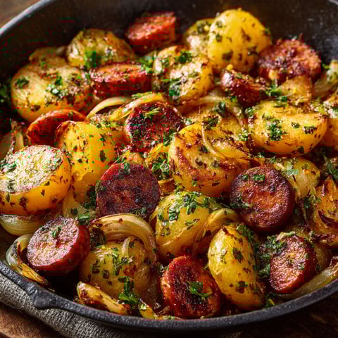 Une poêlée de pommes de terre et saucisses fumées, avec des herbes fraîches et des légumes, est servie dans un bol sur une table.