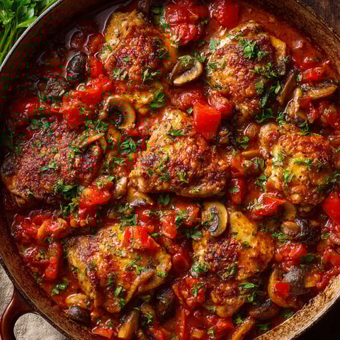 Un bouillon de poulet cacciatore avec des tomates, des champignons et des herbes.