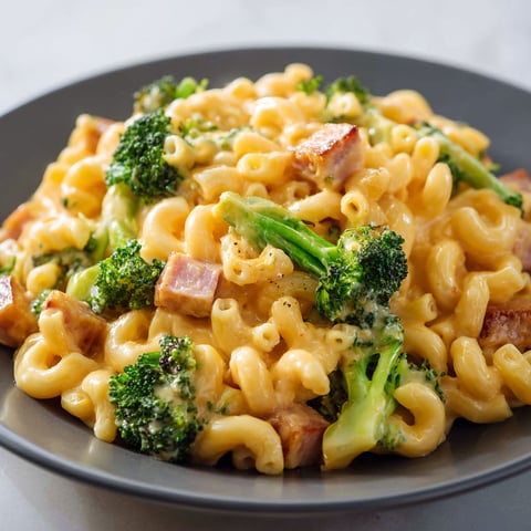 Un plat de macaronis au fromage et au brocoli, servie sur un plateau noir.