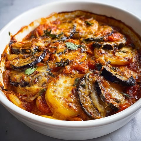 Casserole d'aubergines, de pommes de terre et de tomates, dans un bol blanc.