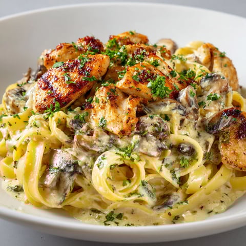 Une plate de pâtes décadentes au poulet et aux champignons, avec une sauce onctueuse, est servie sur une table.