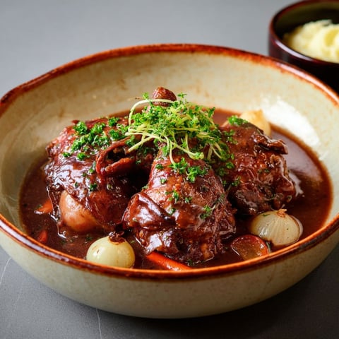 Un plat de coq au vin, accompagné de légumes et de pommes de terre, est servie sur une table.