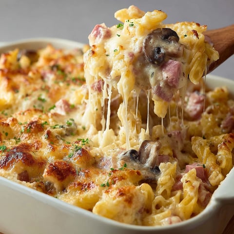 Un plat de gratin de pâtes au jambon, champignons et double fromage est prêt à être servi.