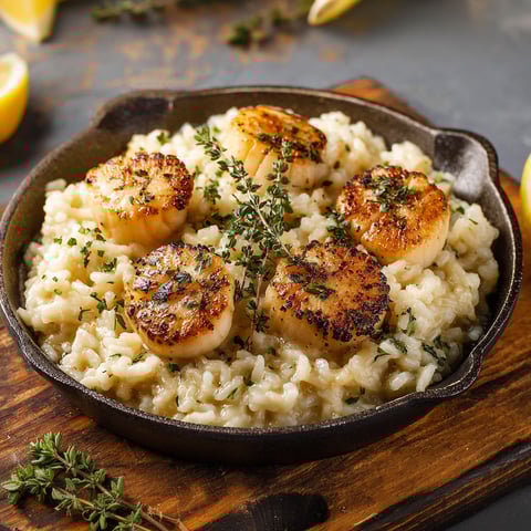Une recette de Risotto aux noix de Saint-Jacques est servie dans un bol en fonte.
