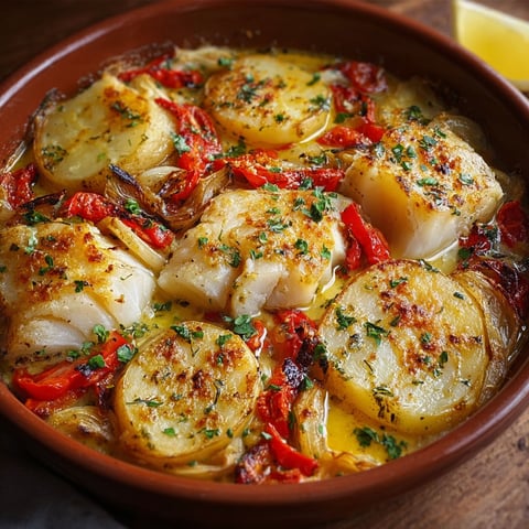 Une assiette de Bacalhau à la Portugaise, avec des légumes et des épices, est servie sur une table.