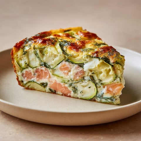 Une portion de clafoutis aux courgettes et au saumon, servie sur un plateau.