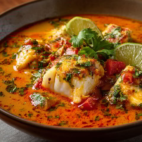 Un plat de poisson moqueca baiana, accompagné de légumes et de limes, est servie dans un bol.