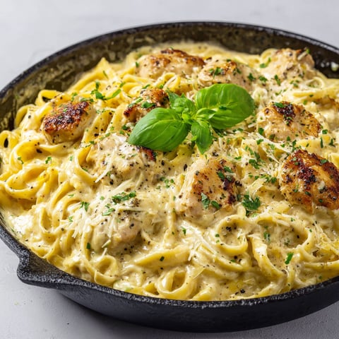 Une casserole de pâtes au poulet et à la moutarde est servie dans un bol noir.