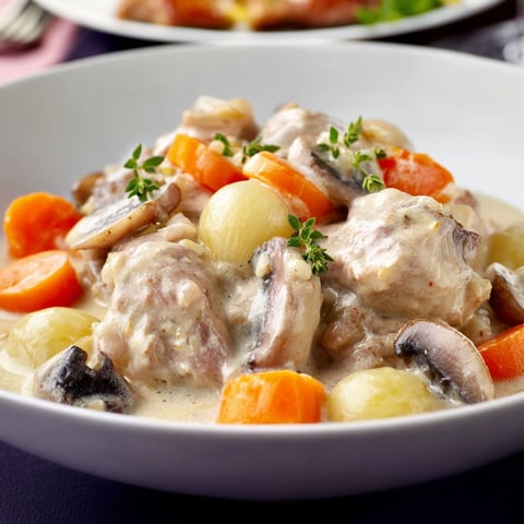 Une assiette de la blanquette de veau aux légumes est servie sur une table.