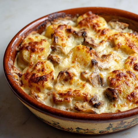 Un plat de gratin pommes de terre et champignons, cuit et prêt à être mangé.