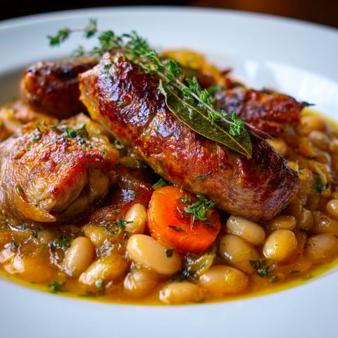 Un Cassoulet traditionnel est un plat de casserole qui contient des haricots, des carottes, des lardons et des herbes.