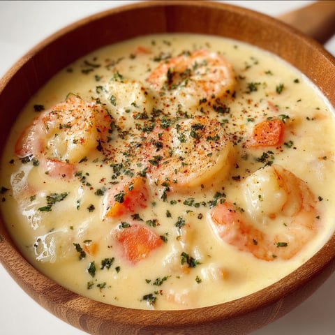 Une soupe crémeuse aux crevettes est servie dans un bol en bois.