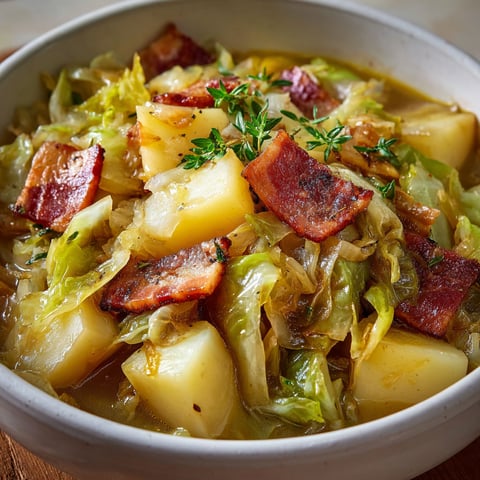 Un plat de chou mijoté avec pommes de terre et bacon.