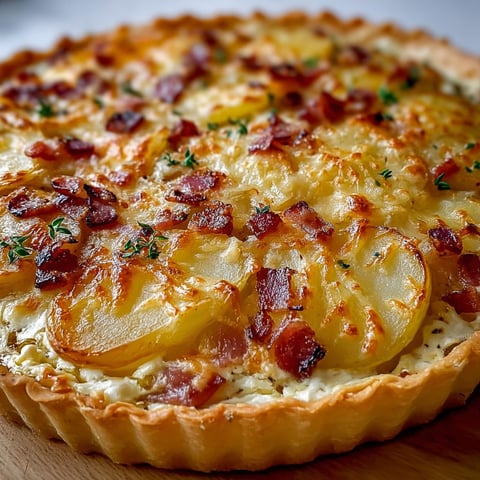 Une tarte paysanne au lard, pommes de terre et oignons, servie sur un plateau de bois.
