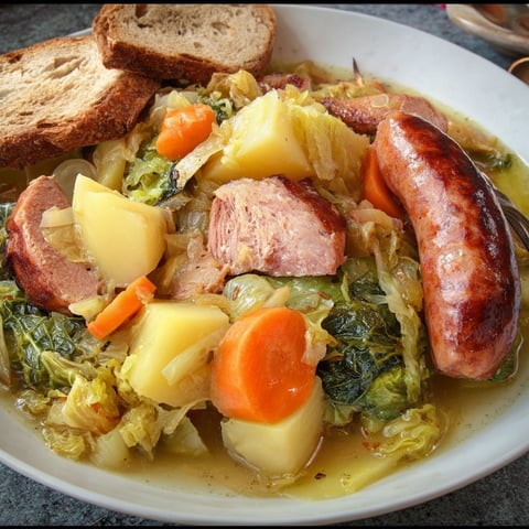 Une potée auvergnate chaleureuse et réconfortante, composée de légumes, de viande et de pain grillé.