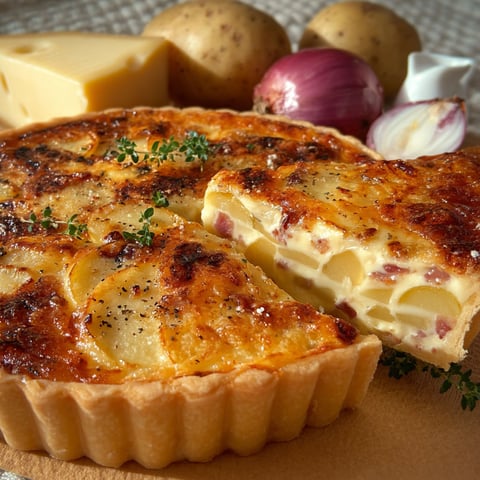 Une quiche montagnarde façon raclette est servie avec des pommes de terre et des oignons.