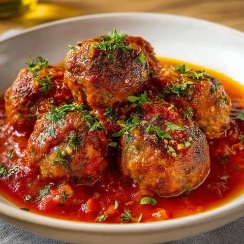 Les boulettes de viande de Cyril Lignac sont servies dans une assiette en terre cuite.