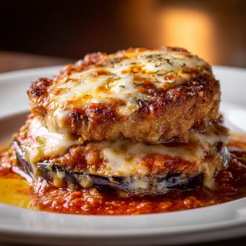 Une galette de porc alla parmigiana est servie sur un plateau.