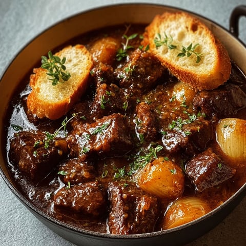 Une recette de Carbonade Flamande à la Bière Blonde est servie dans un bol en métal.