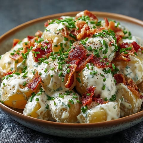 Une salade de pommes de terre au bacon et à l'ail est servie dans un bol.