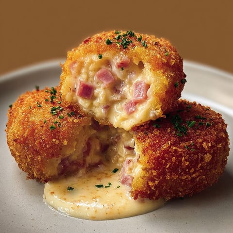 Des croquettes gourmandes au jambon et béchamel, saupoudrées de parmesan, sont servies sur une assiette.
