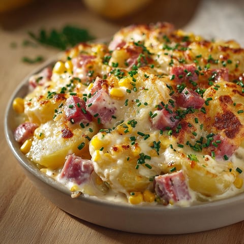 Une assiette de pommes de terre crémeuses au jambon et au maïs, avec des herbes vertes pour garnir.