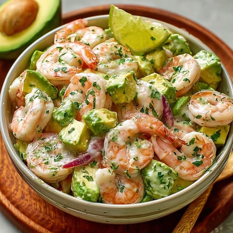 Une salade de crevettes et avocat crémeuse est servie dans un bol.