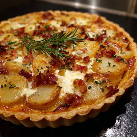 Une tarte Pommes de Terre, Camembert & Lardons est servie sur un plateau.