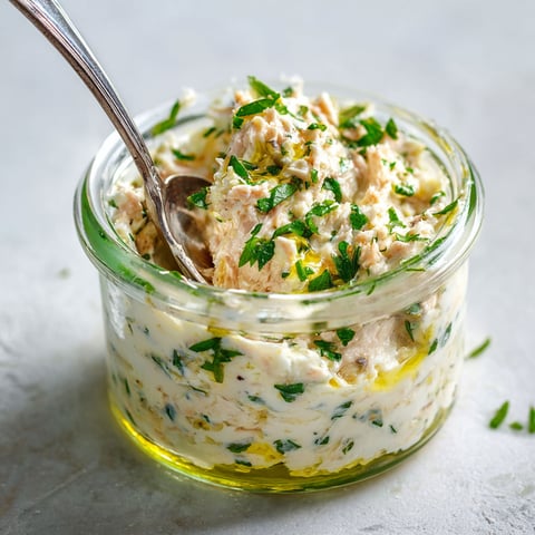 Une cuillère en argent est plongée dans une assiette contenant une préparation de thon, qui est servie avec des herbes fraîches.