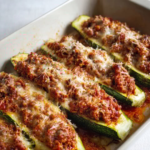 Une recette de courgettes à la bolognaise est servie dans un plat.