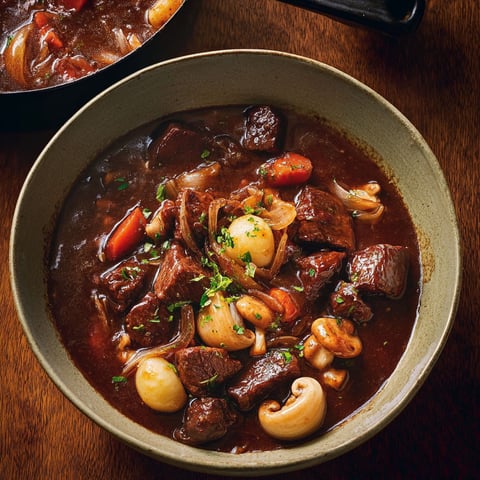 Une assiette de boeuf bourguignon est servie sur une table.
