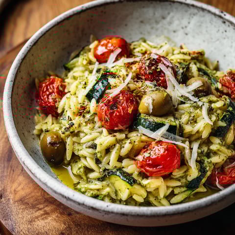 Orzo au pesto et aux courgettes dans un bol.