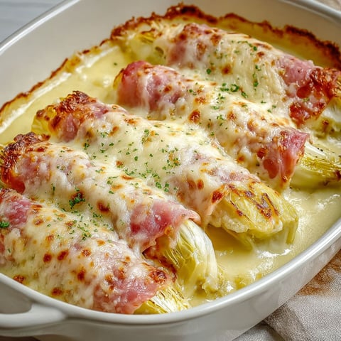 Une assiette de gratinés d'endives au jambon et à la béchamel.