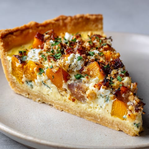Une tarte d'automne à la courge, chèvre, lardons et noisettes est servie sur un plateau.