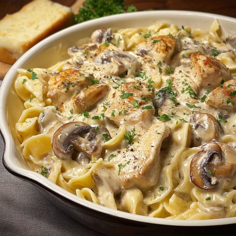 Une assiette de Pâtes à la Crème, Poulet et Champignons, avec des tranches de pain et une poignée de herbes.