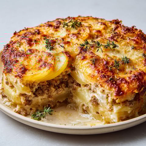 Une tarte campagnarde à la viande hachée et pommes de terre, servie sur un plateau.