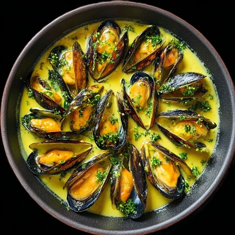 Mouclade Charentaise Traditionnelle - Un plat de moules et de herbes dans une casserole.