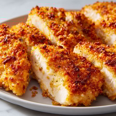 Une plaque de porcelaine avec des morceaux de poulet croustillant au fromage parmesan.