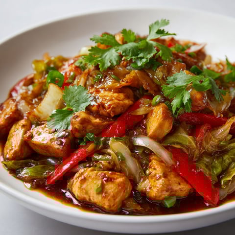 Une assiette de poulet chinois sauté au chou, avec des légumes tels que des poivrons et des oignons, est servie sur une table.