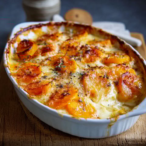 Un plat de gratin de butternut et pommes de terre, prêt à être servi.