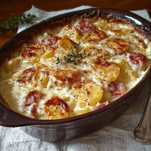 Une gratin de pommes de terre à la saucisse de Morteau et à la cancoillotte est servie sur un plateau.