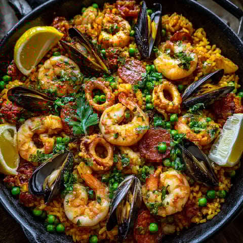 Une paella espagnole au chorizo, crevettes, calamars et moules est servie dans un bol.